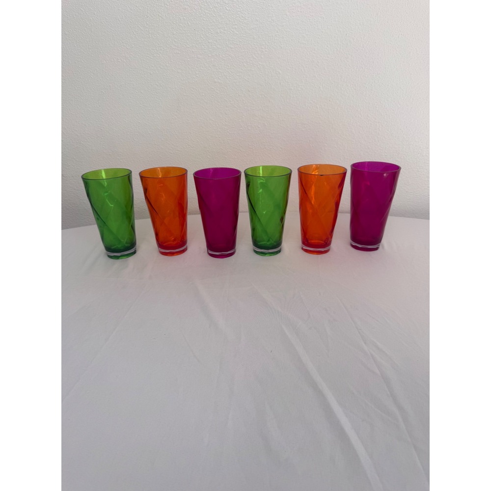 Set of 6 Colorful Swirl Glass Tumblers Green Orange Pink Highball Water Glasses